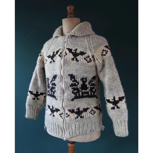 Vintage 1970s Cowichan style wool sweater - hand made Thunderbird cardigan - chunky knit - 40" chest