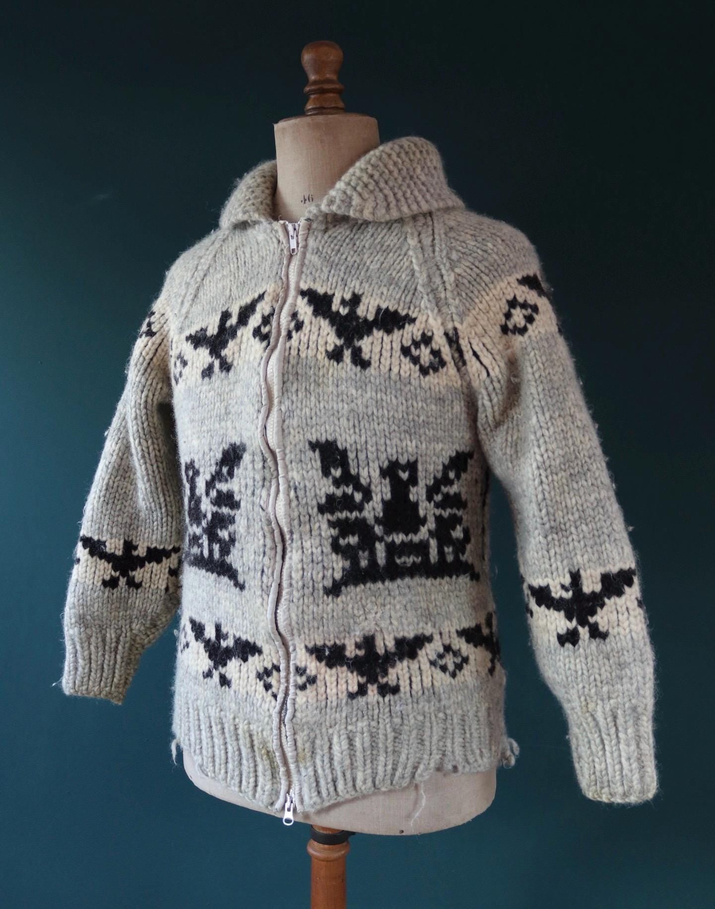 Vintage 1970s Cowichan style wool sweater - hand made Thunderbird cardigan - chunky knit - 40" chest