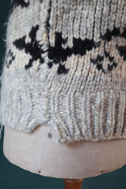 Vintage 1970s Cowichan style wool sweater - hand made Thunderbird cardigan - chunky knit - 40" chest