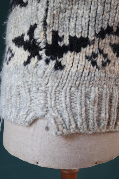 Vintage 1970s Cowichan style wool sweater - hand made Thunderbird cardigan - chunky knit - 40" chest