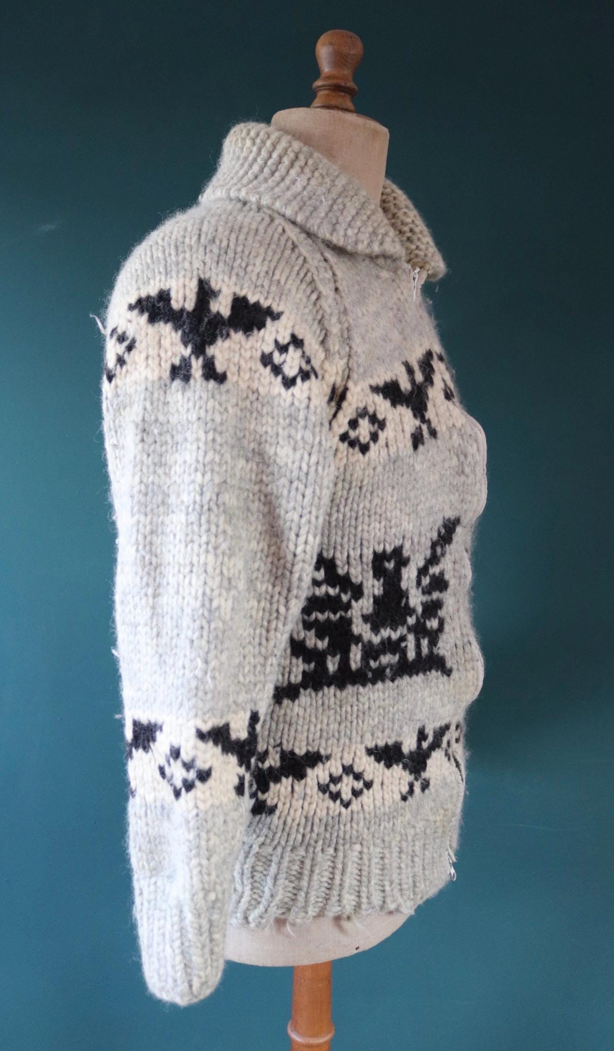 Vintage 1970s Cowichan style wool sweater - hand made Thunderbird cardigan - chunky knit - 40" chest