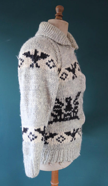 Vintage 1970s Cowichan style wool sweater - hand made Thunderbird cardigan - chunky knit - 40" chest