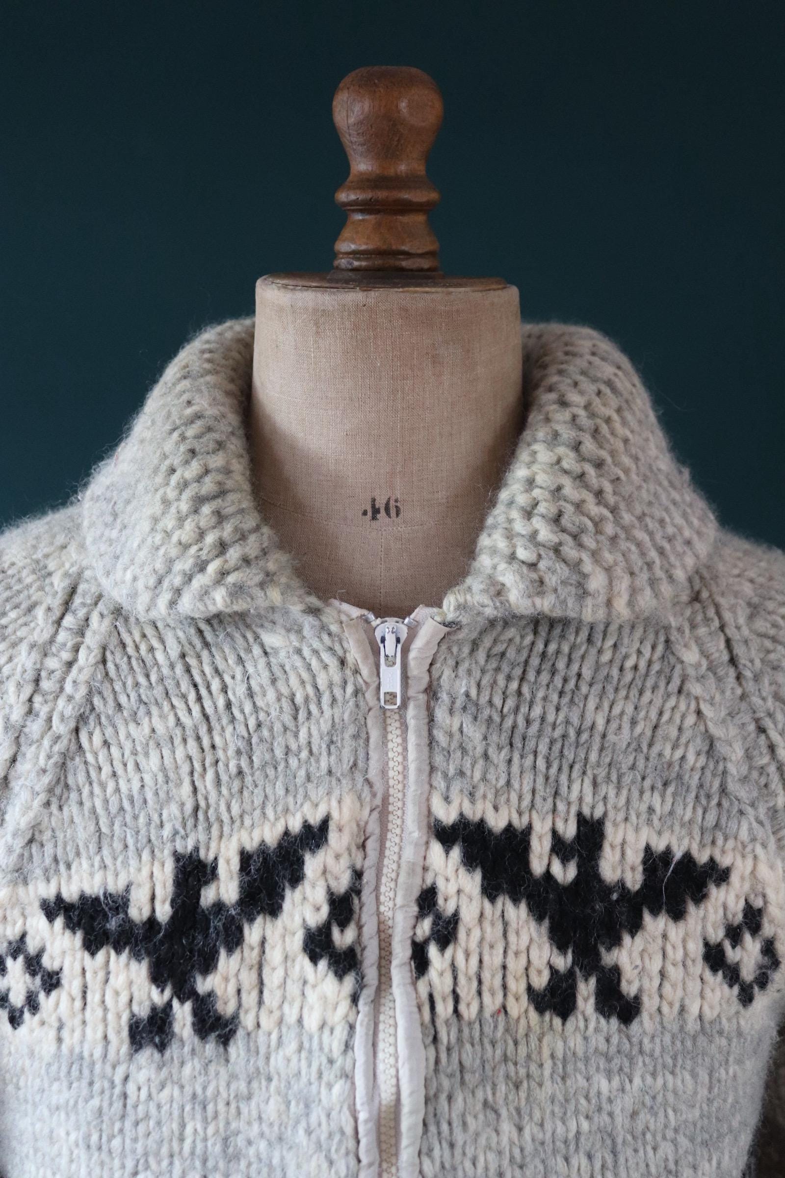Vintage 1970s Cowichan style wool sweater - hand made Thunderbird cardigan - chunky knit - 40" chest