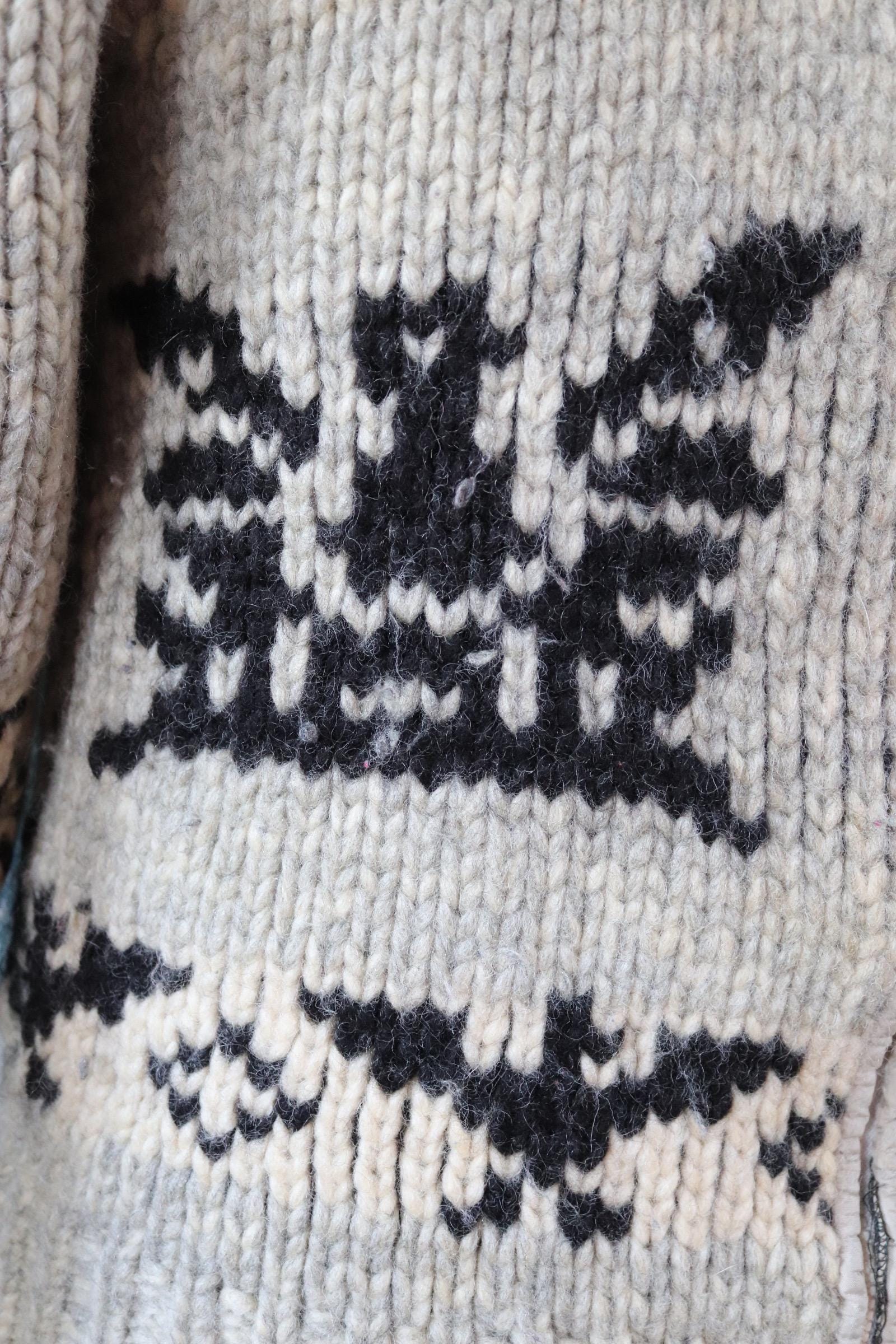 Vintage 1970s Cowichan style wool sweater - hand made Thunderbird cardigan - chunky knit - 40" chest