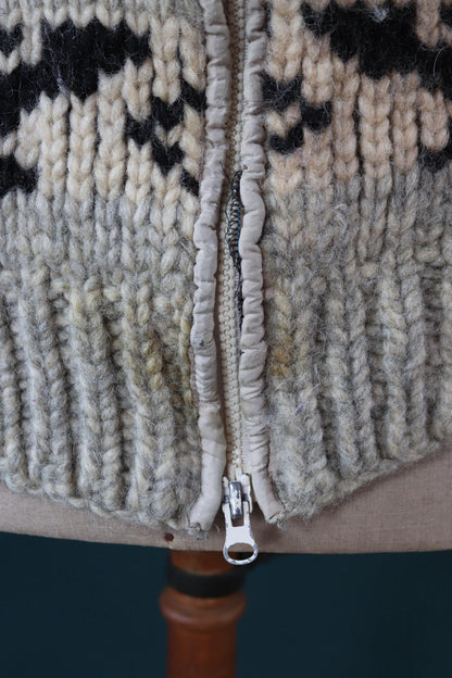 Vintage 1970s Cowichan style wool sweater - hand made Thunderbird cardigan - chunky knit - 40" chest