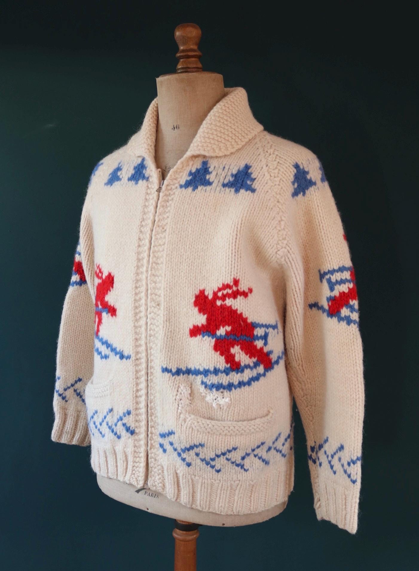 Vintage 1950s wool Cowichan sweater - 1960s novelty hand knit - shawl collar - skiing design jumper - 42” chest