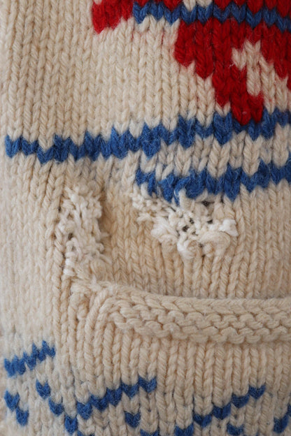 Vintage 1950s wool Cowichan sweater - 1960s novelty hand knit - shawl collar - skiing design jumper - 42” chest