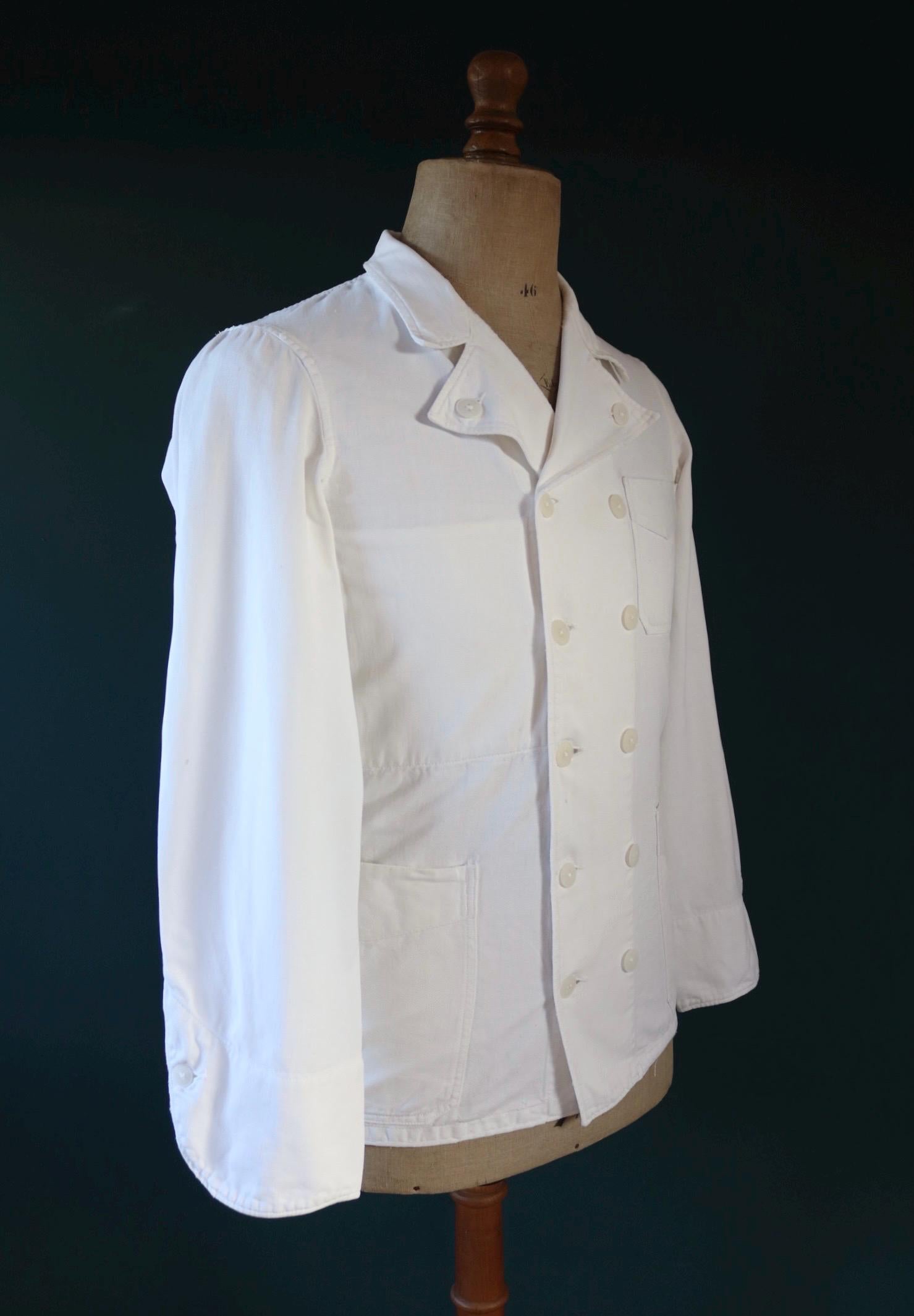 Vintage 1960s French white cotton workwear jacket - riviera style - 38” chest - cafe waiter