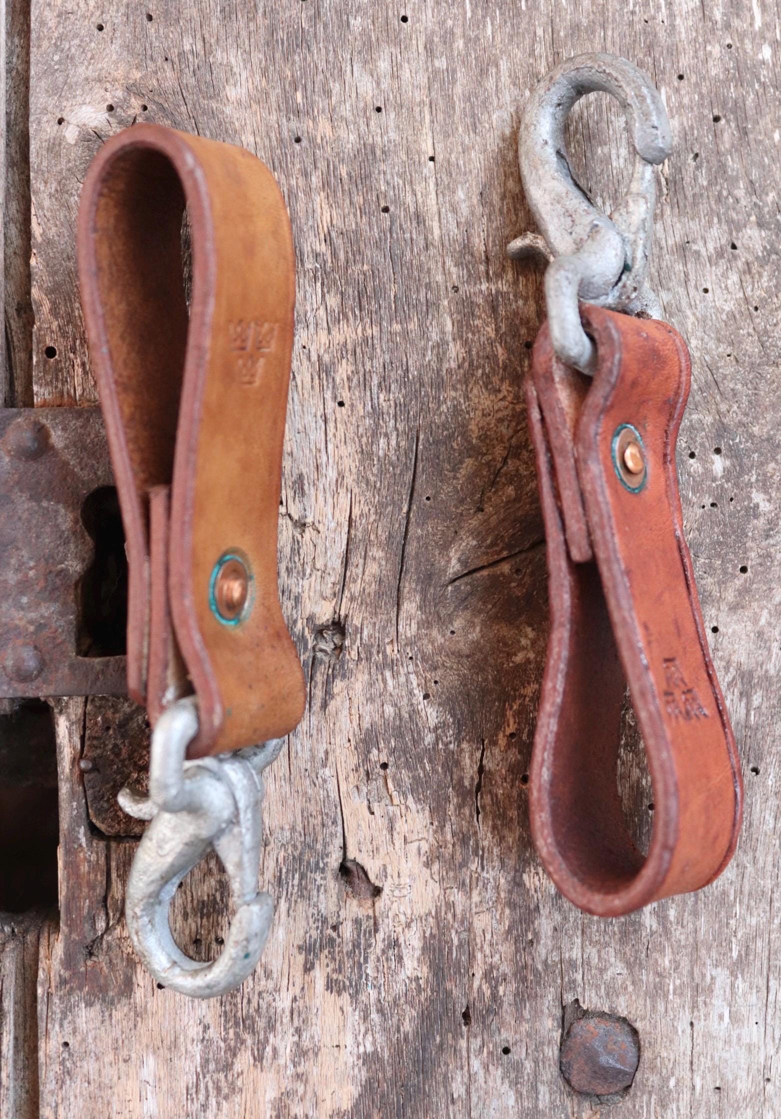 Vintage leather key fob - 1940s Swedish military carabiner - hand made lanyard