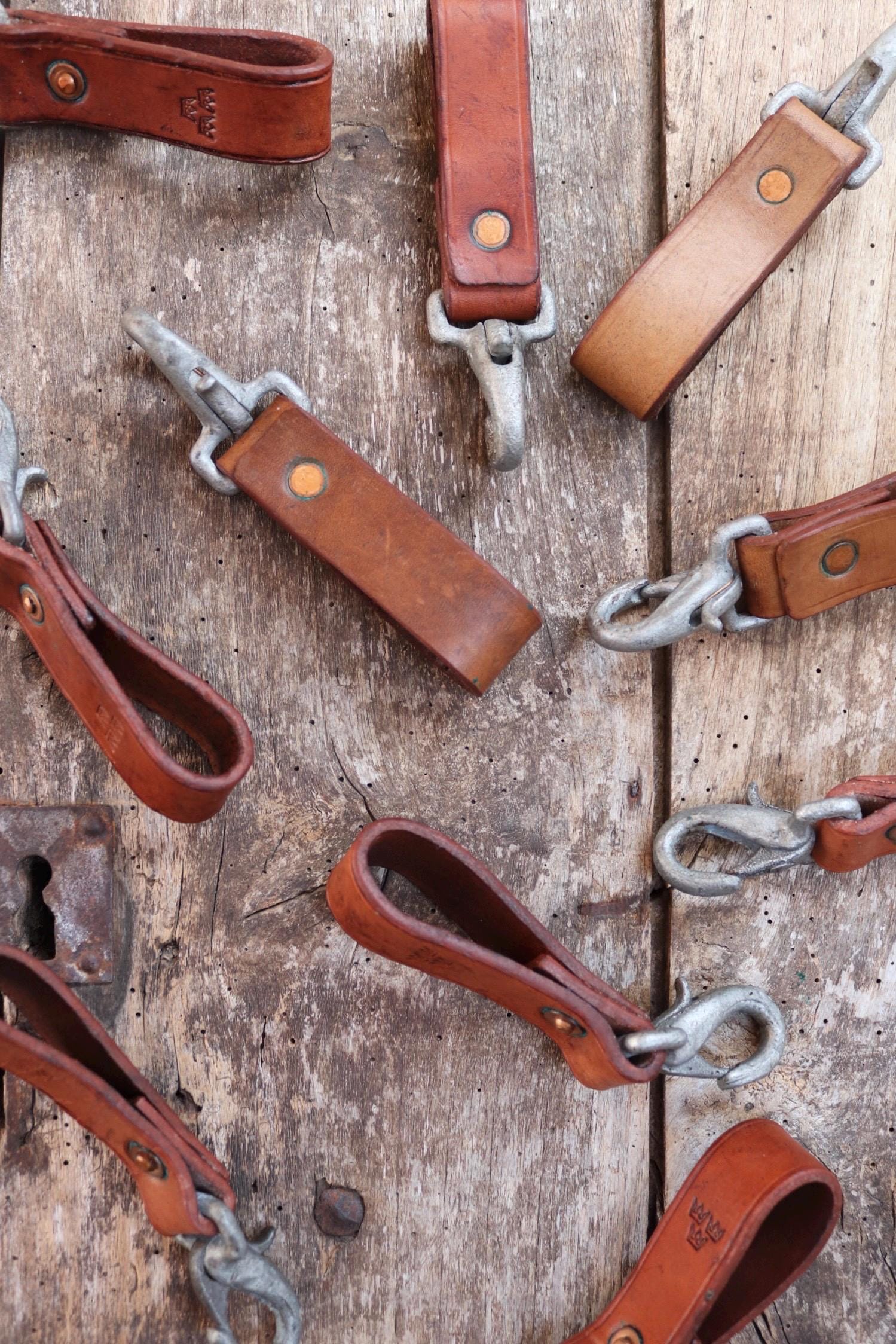 Vintage leather key fob - 1940s Swedish military carabiner - hand made lanyard