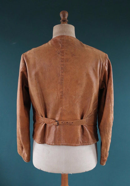 Antique 1920s leather motorcycle jacket - Brodmotor - vintage cropped biker jacket - buckle back - 41” chest
