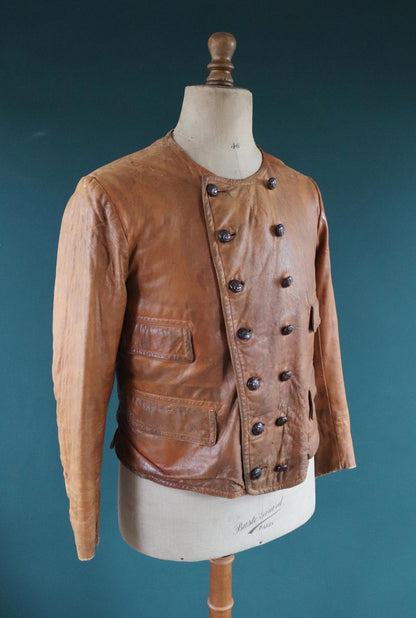 Antique 1920s leather motorcycle jacket - Brodmotor - vintage cropped biker jacket - buckle back - 41” chest