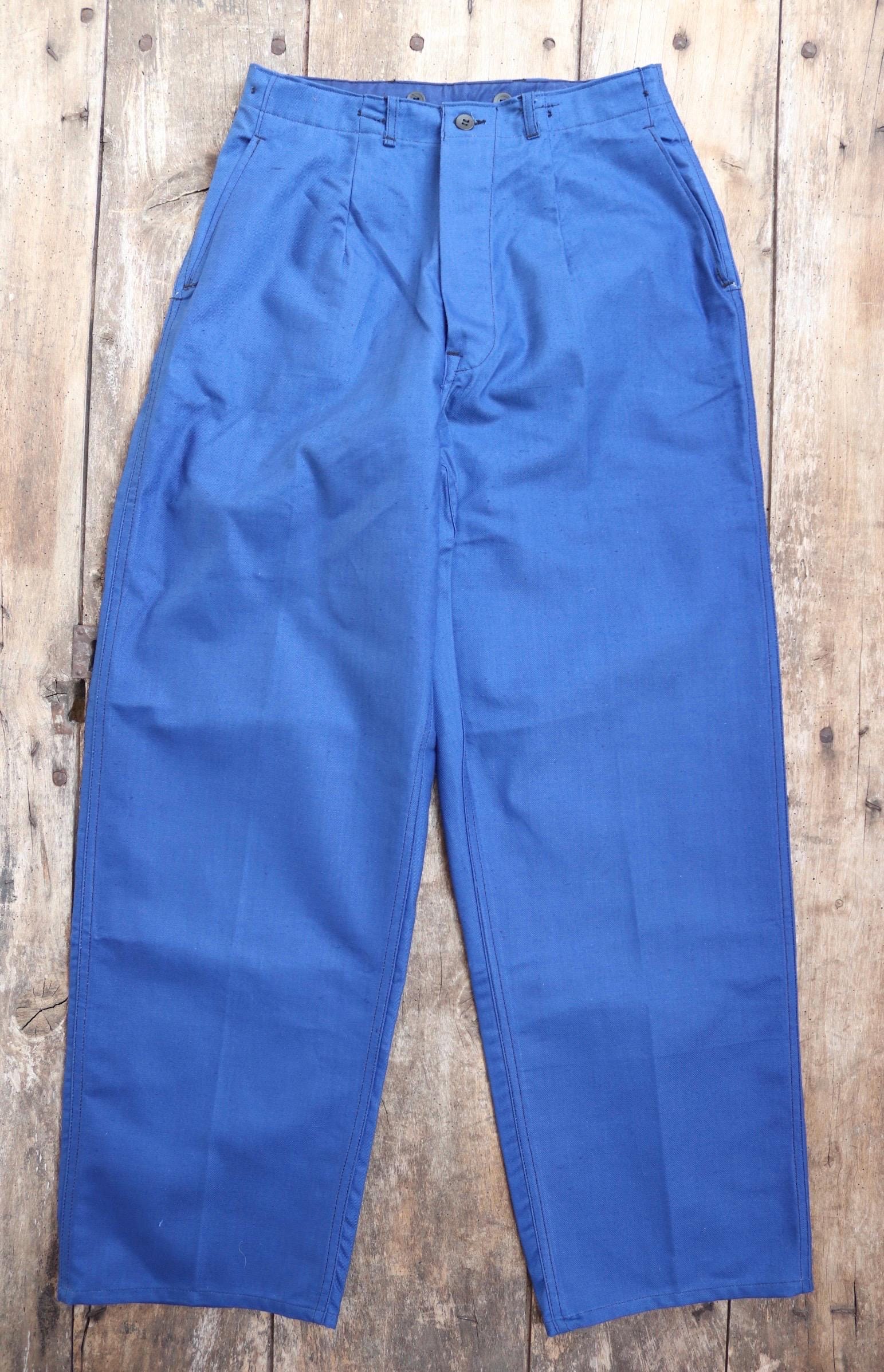 Vintage WW2 workwear trousers - 1940s deadstock - buckle back pants - Swedish military - cobalt blue cotton twill - 30” x 32”