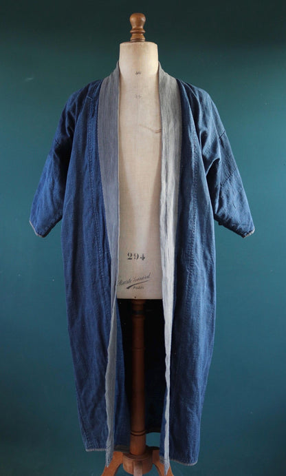 Vintage Japanese boro kimono - indigo kasuri robe - sashiko stitching - traditional dressing gown