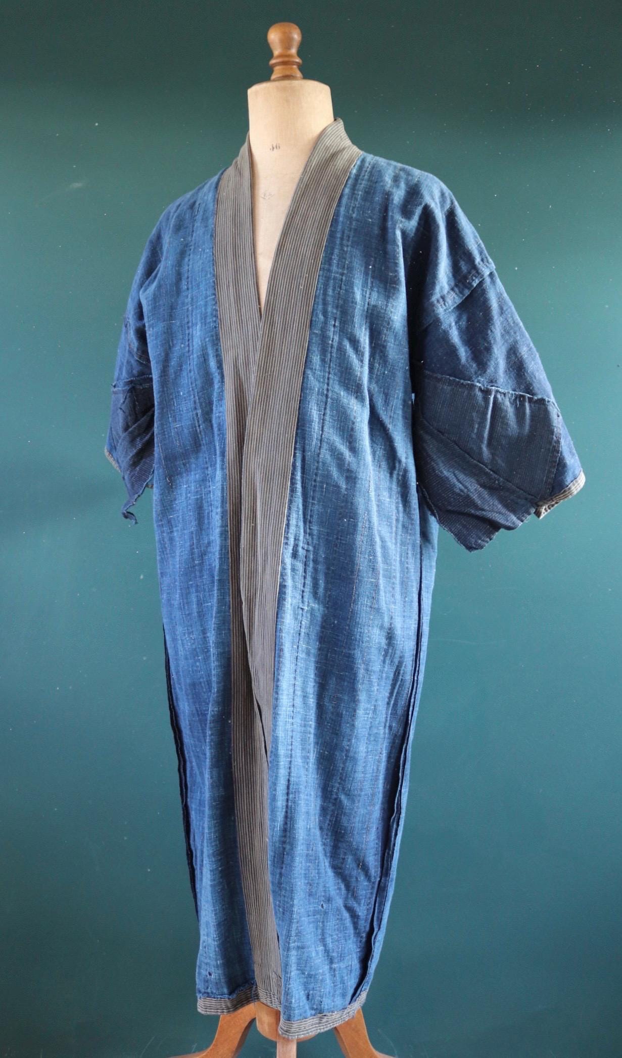Vintage Japanese boro kimono - indigo kasuri robe - sashiko stitching - traditional dressing gown