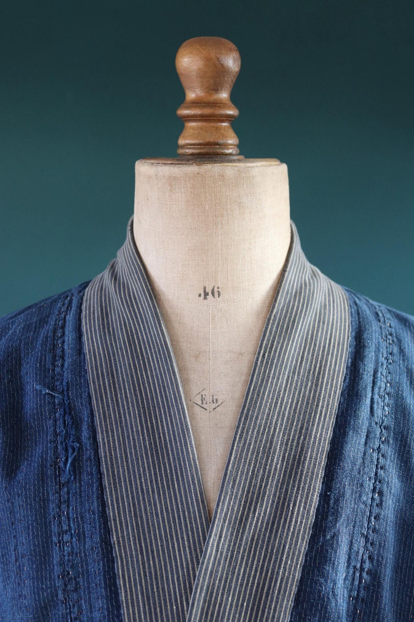 Vintage Japanese boro kimono - indigo kasuri robe - sashiko stitching - traditional dressing gown