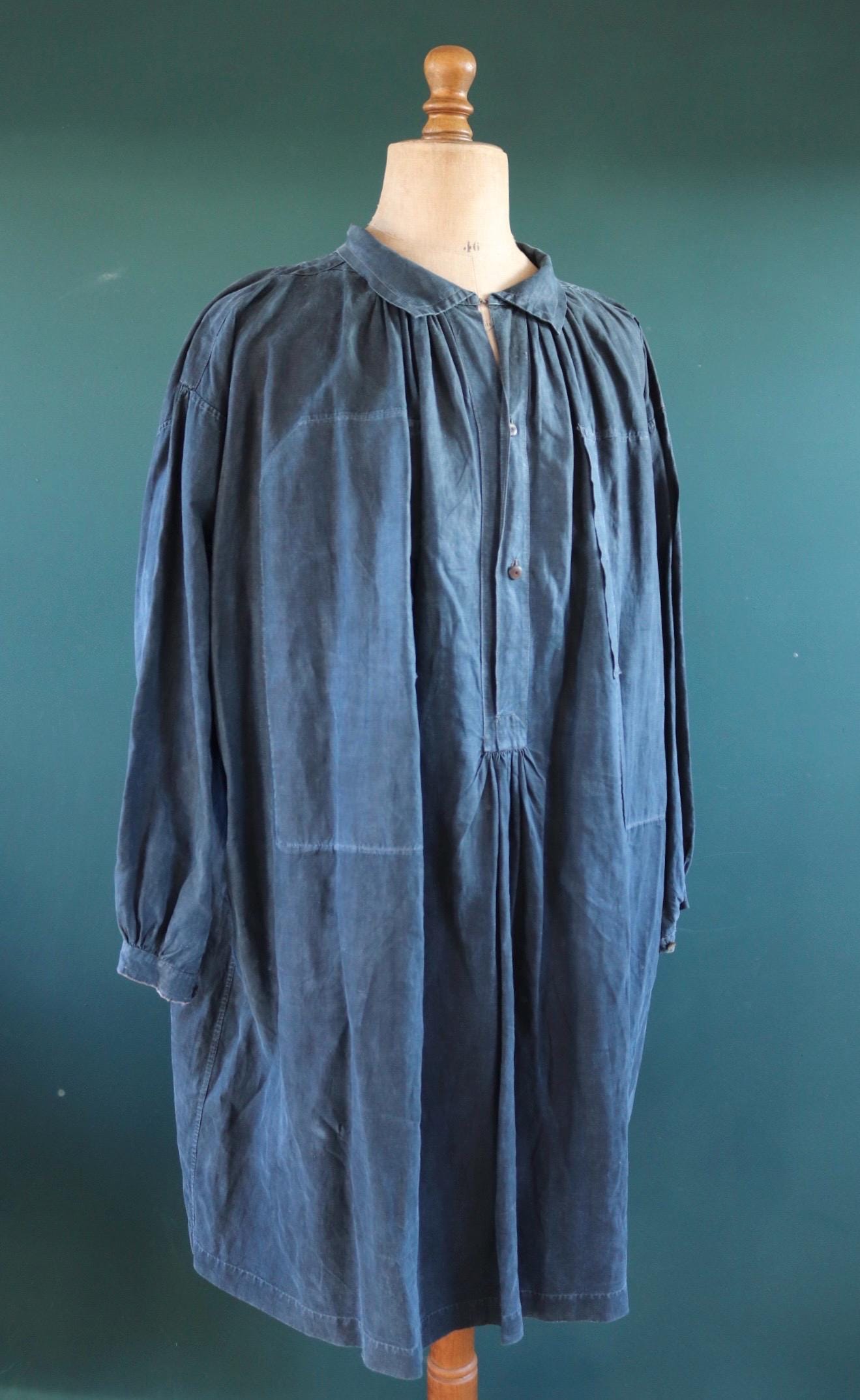 Antique 1900s French indigo biaude - vintage cotton workwear smock