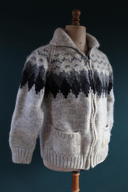 Vintage 1980s Tuak cowichan sweater - chunky wool cardigan - hand knitted jumper - shawl collar - 42” chest