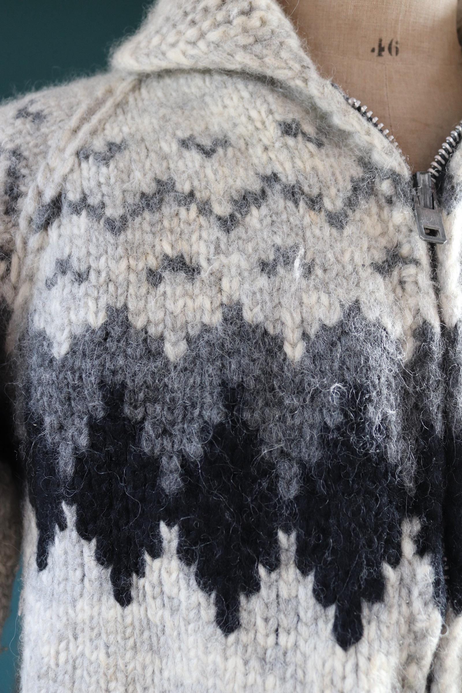 Vintage 1980s Tuak cowichan sweater - chunky wool cardigan - hand knitted jumper - shawl collar - 42” chest