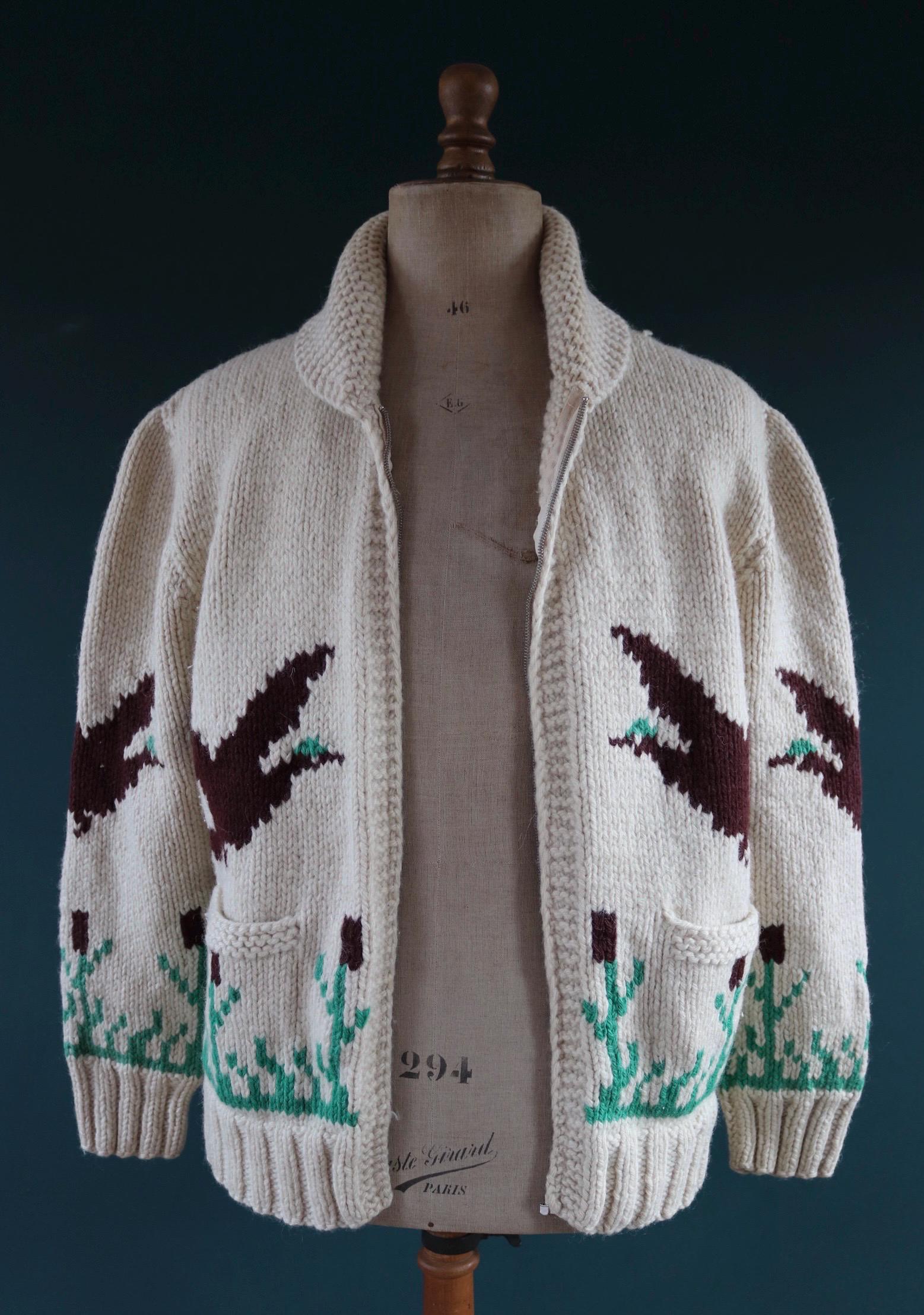 Vintage 1960s wool Cowichan sweater - 1970s novelty hand knit - shawl collar - geese design jumper - 42” chest