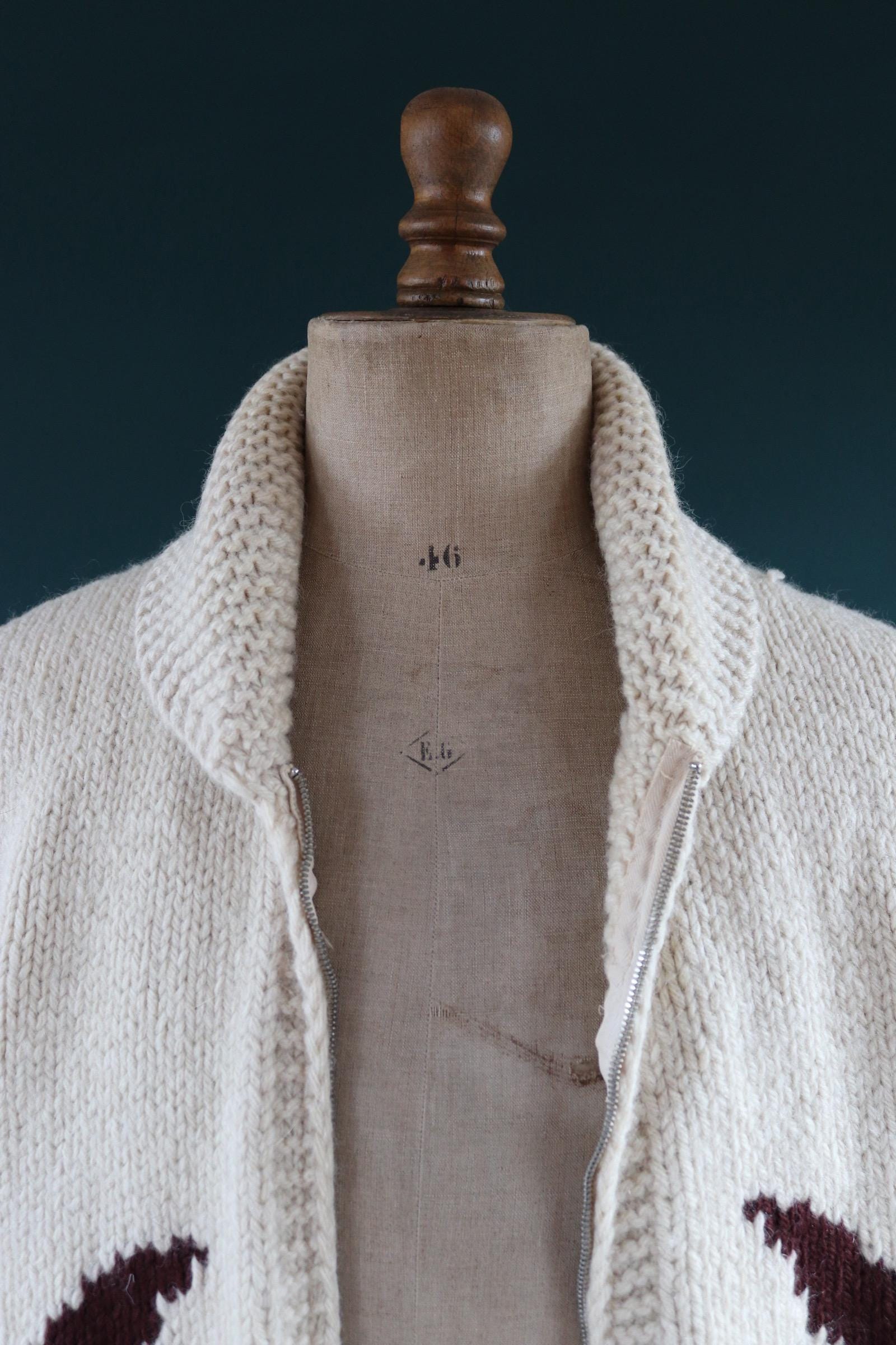 Vintage 1960s wool Cowichan sweater - 1970s novelty hand knit - shawl collar - geese design jumper - 42” chest