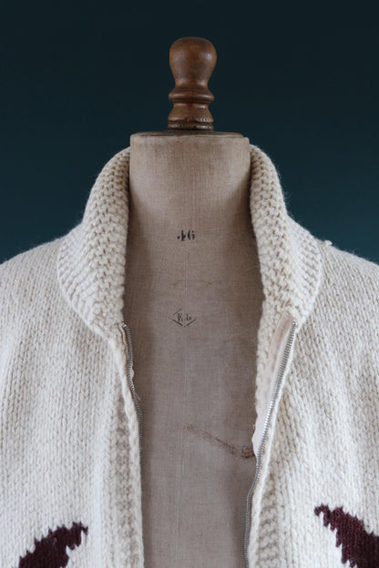 Vintage 1960s wool Cowichan sweater - 1970s novelty hand knit - shawl collar - geese design jumper - 42” chest