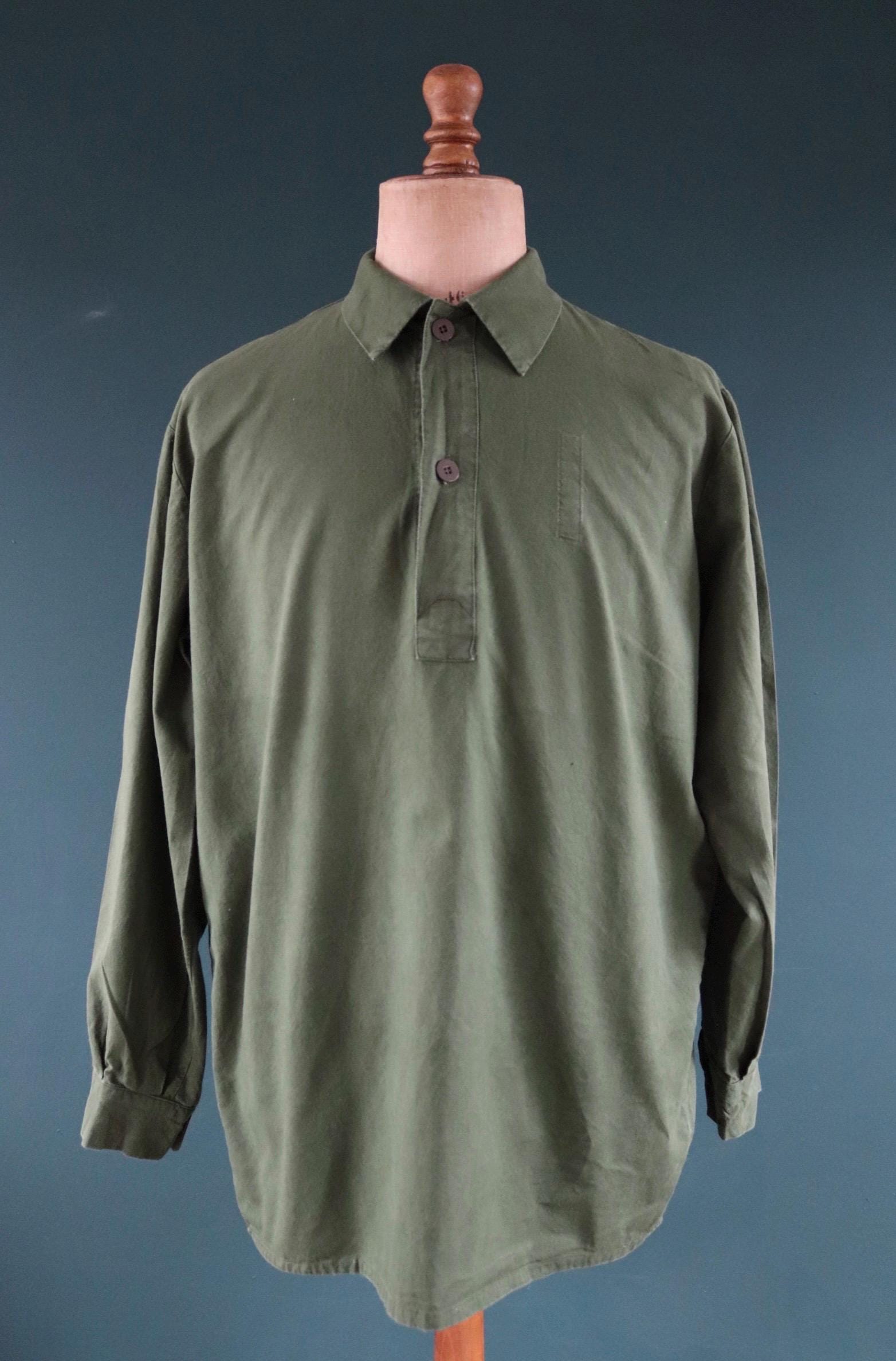 Vintage 1970s Swedish military workwear shirt - M59 - fältskjorta - green cotton army smock - 49” chest