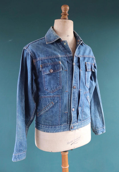 Vintage 1970s selvedge denim jacket - type two pleated - hand painted - 38" chest