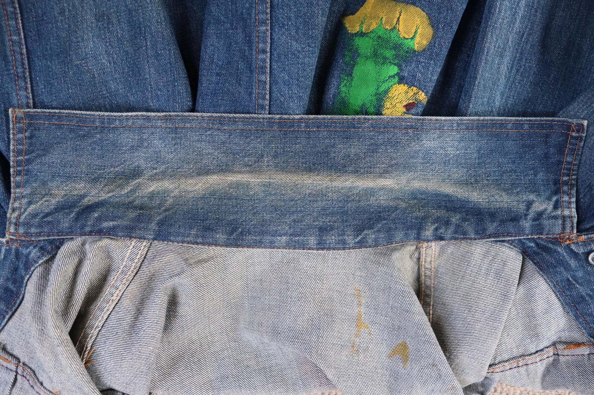 Vintage 1970s selvedge denim jacket - type two pleated - hand painted - 38" chest