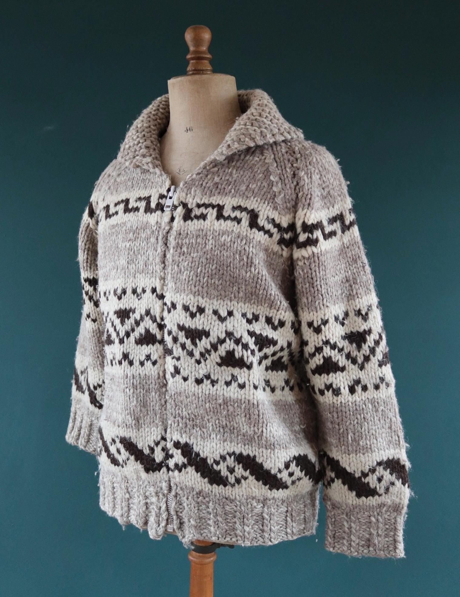 Vintage 1970s Cowichan wool cardigan - hand knitted - 1980s chunky winter sweater - 46" chest