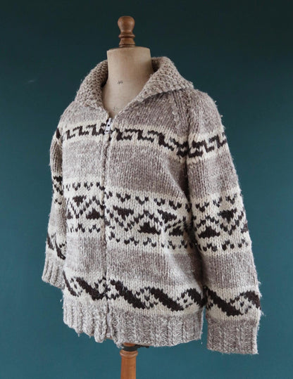 Vintage 1970s Cowichan wool cardigan - hand knitted - 1980s chunky winter sweater - 46" chest