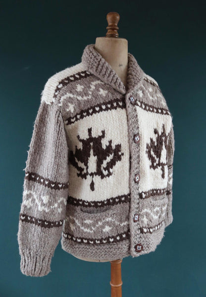 Vintage 1980s Cowichan wool cardigan - hand knitted - chunky winter sweater - 45" chest