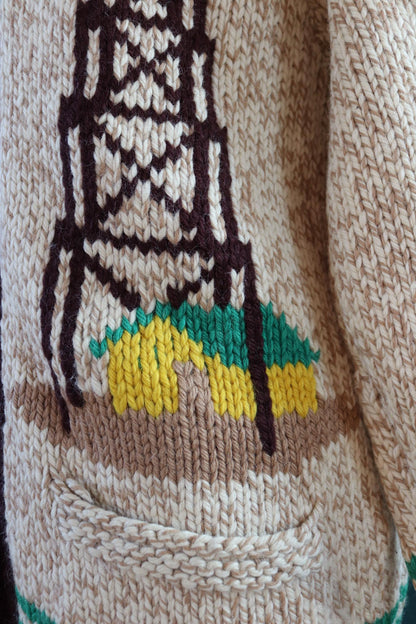 Vintage 1960s wool Cowichan sweater - novelty knit cardigan - oil derrick design - 46” chest