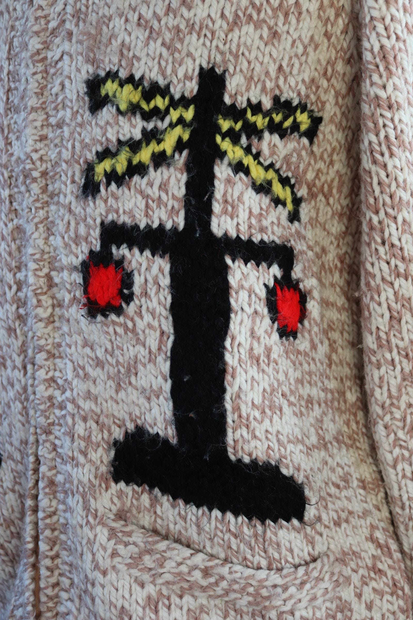 Vintage 1960s Cowichan sweater - 1970s novelty hand knit - shawl collar - train design jumper - 43” chest