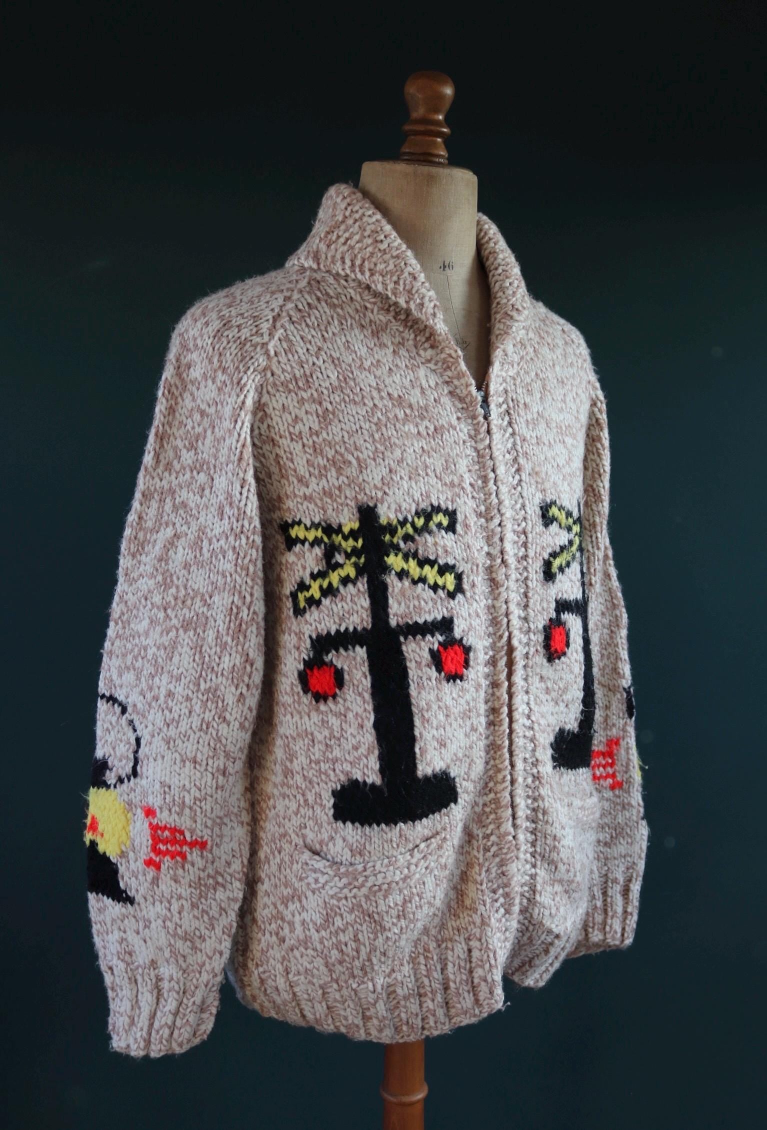 Vintage 1960s Cowichan sweater - 1970s novelty hand knit - shawl collar - train design jumper - 43” chest