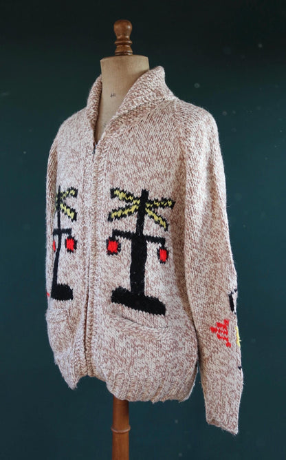 Vintage 1960s Cowichan sweater - 1970s novelty hand knit - shawl collar - train design jumper - 43” chest