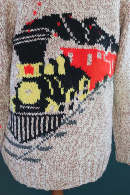 Vintage 1960s Cowichan sweater - 1970s novelty hand knit - shawl collar - train design jumper - 43” chest