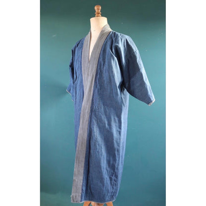 Vintage Japanese boro kimono - indigo kasuri robe - sashiko stitching - traditional dressing gown
