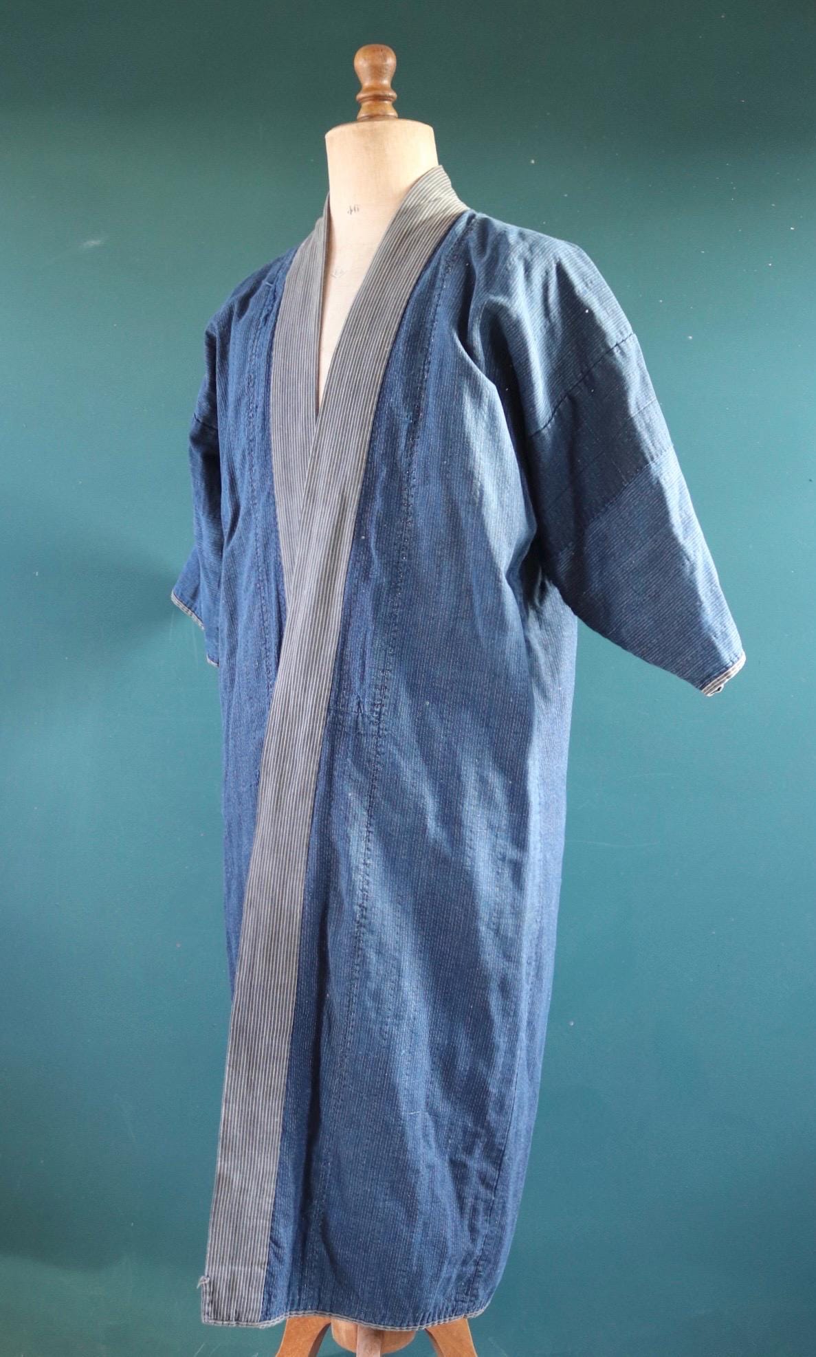 Vintage Japanese boro kimono - indigo kasuri robe - sashiko stitching - traditional dressing gown