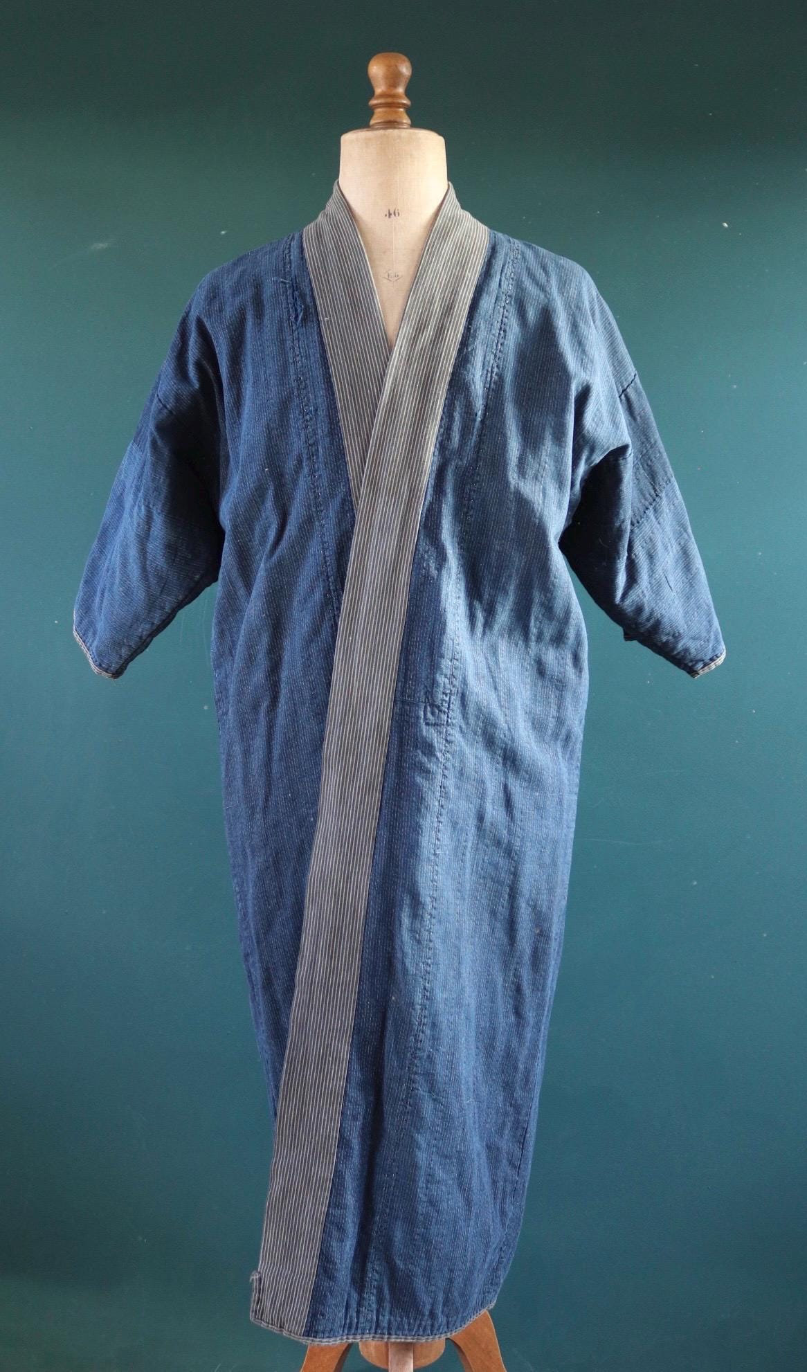 Vintage Japanese boro kimono - indigo kasuri robe - sashiko stitching - traditional dressing gown