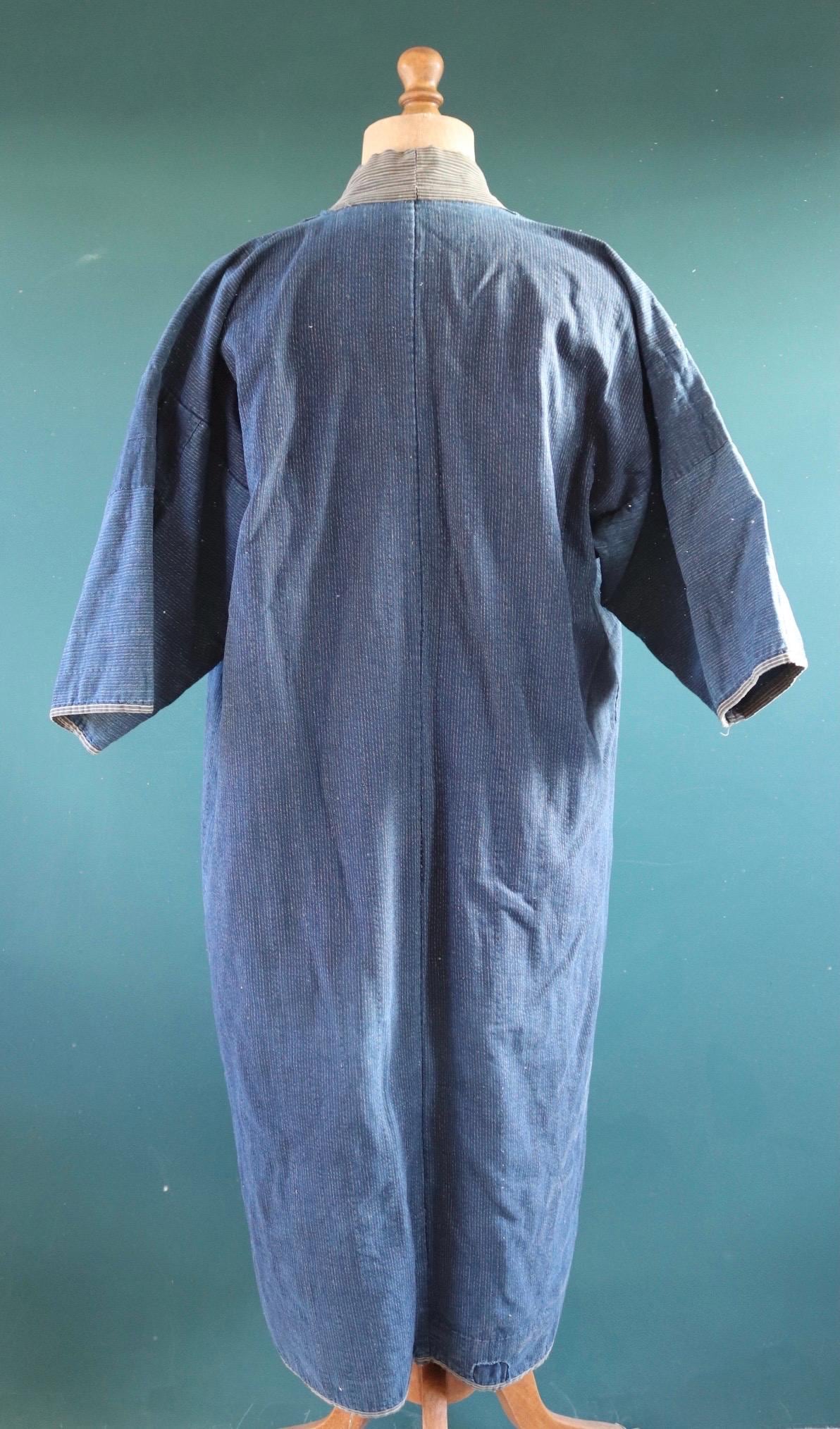 Vintage Japanese boro kimono - indigo kasuri robe - sashiko stitching - traditional dressing gown
