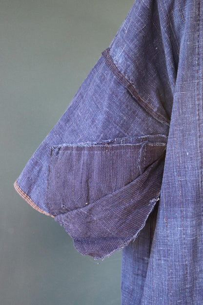 Vintage Japanese boro kimono - indigo kasuri robe - sashiko stitching - traditional dressing gown