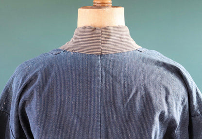 Vintage Japanese boro kimono - indigo kasuri robe - sashiko stitching - traditional dressing gown
