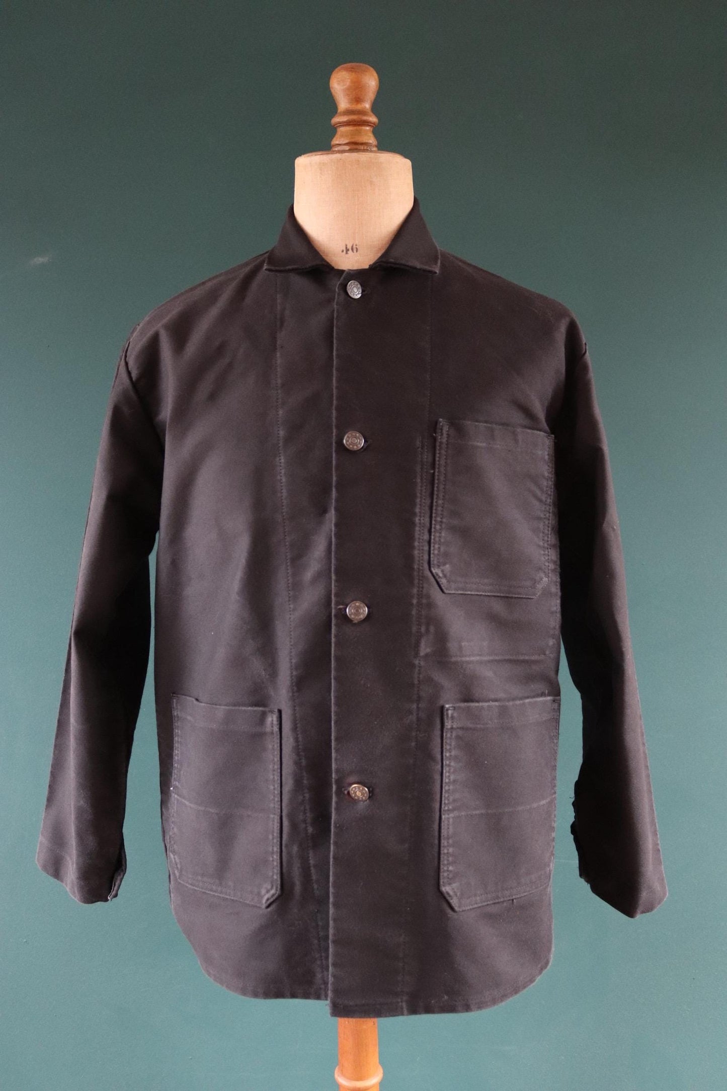 Vintage French black moleskin workwear jacket - chore coat - 45" chest