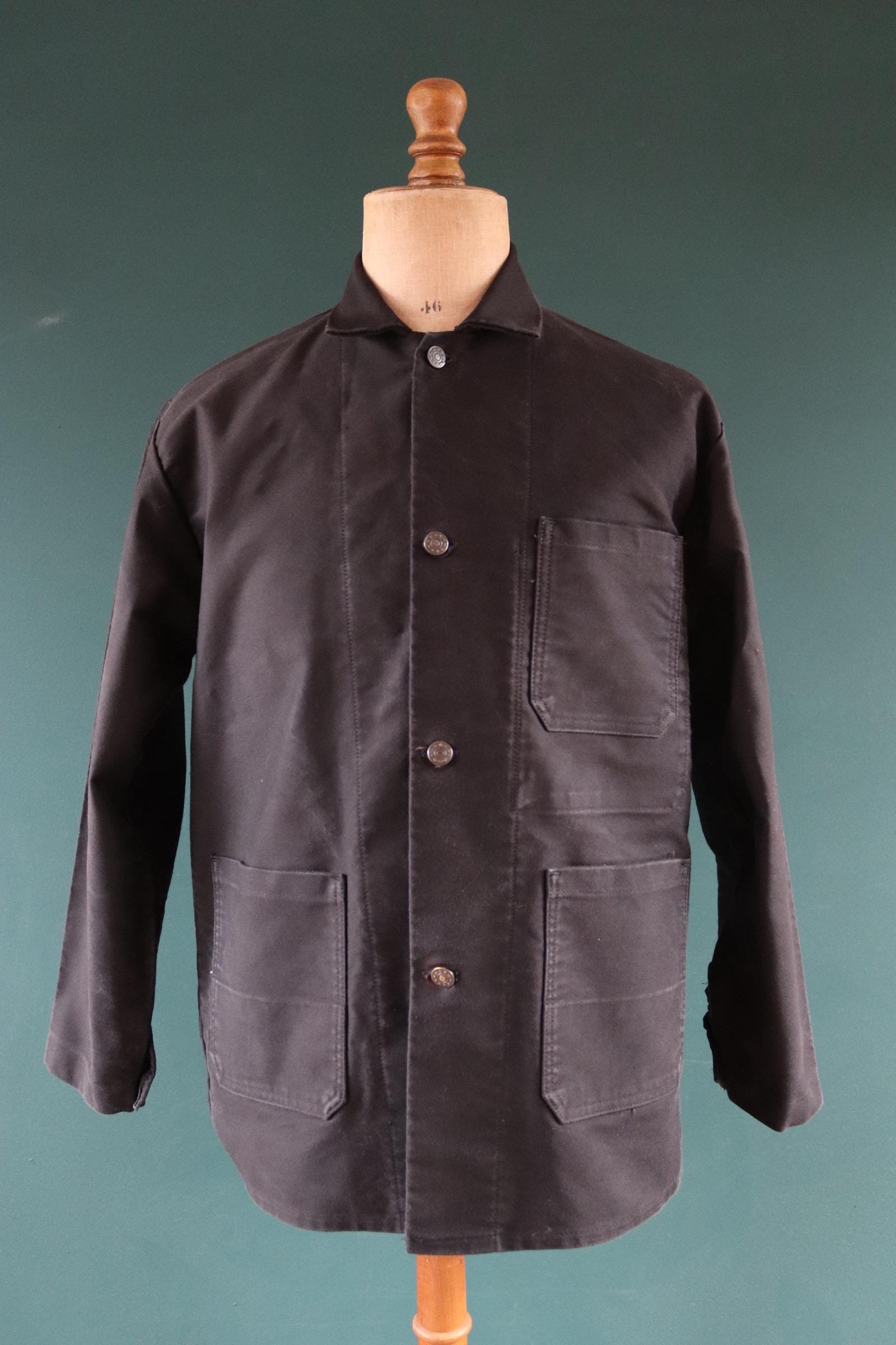 Vintage French black moleskin workwear jacket - chore coat - 45" chest