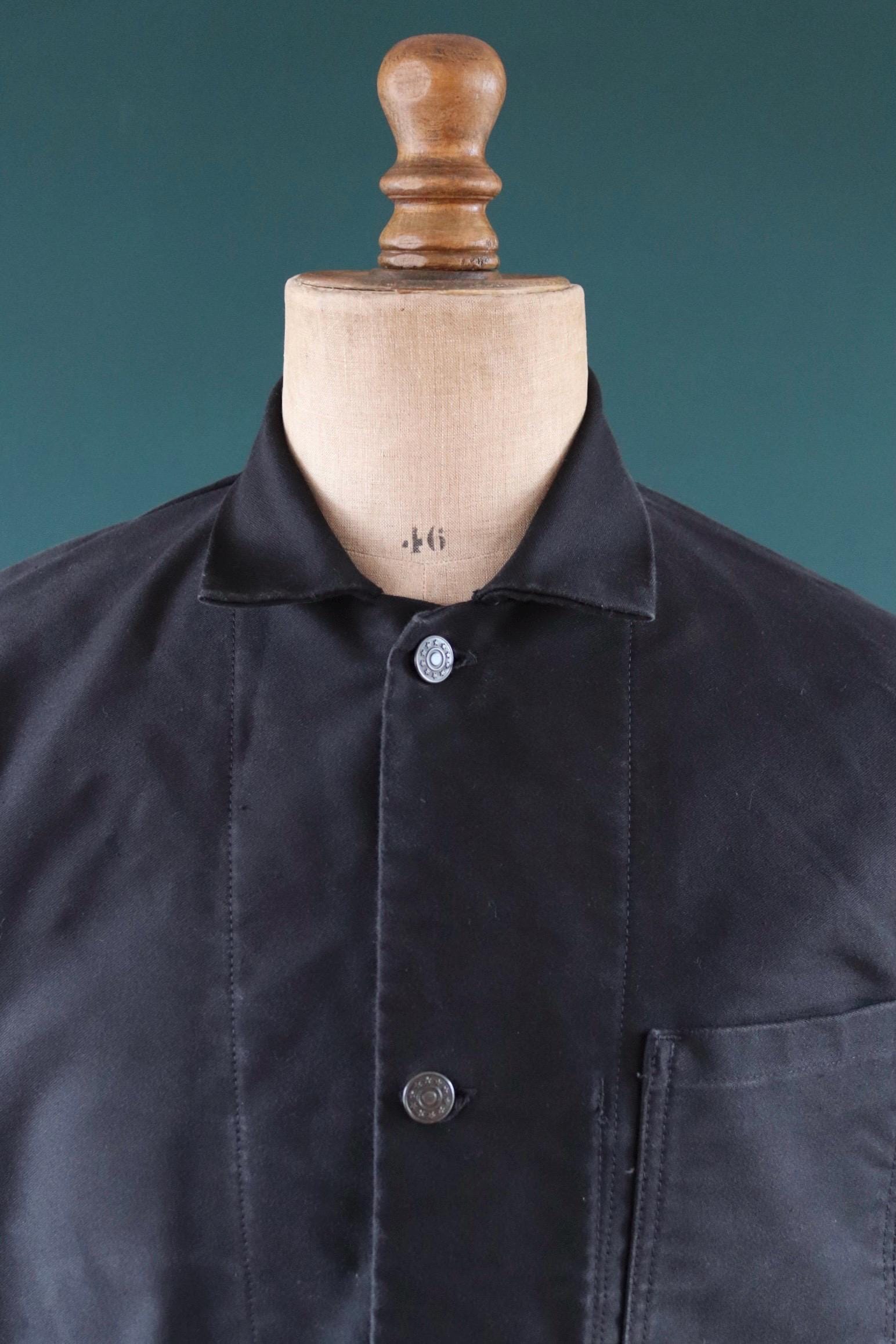 Vintage French black moleskin workwear jacket - chore coat - 45" chest