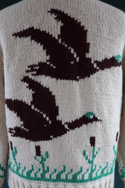 Vintage 1960s wool Cowichan sweater - 1970s novelty hand knit - shawl collar - geese design jumper - 42” chest
