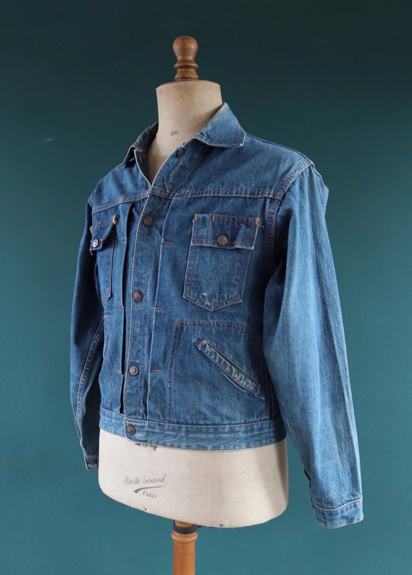 Vintage 1970s selvedge denim jacket - type two pleated - hand painted - 38" chest