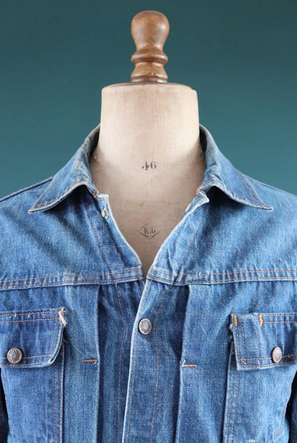 Vintage 1970s selvedge denim jacket - type two pleated - hand painted - 38" chest