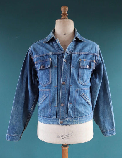 Vintage 1970s selvedge denim jacket - type two pleated - hand painted - 38" chest